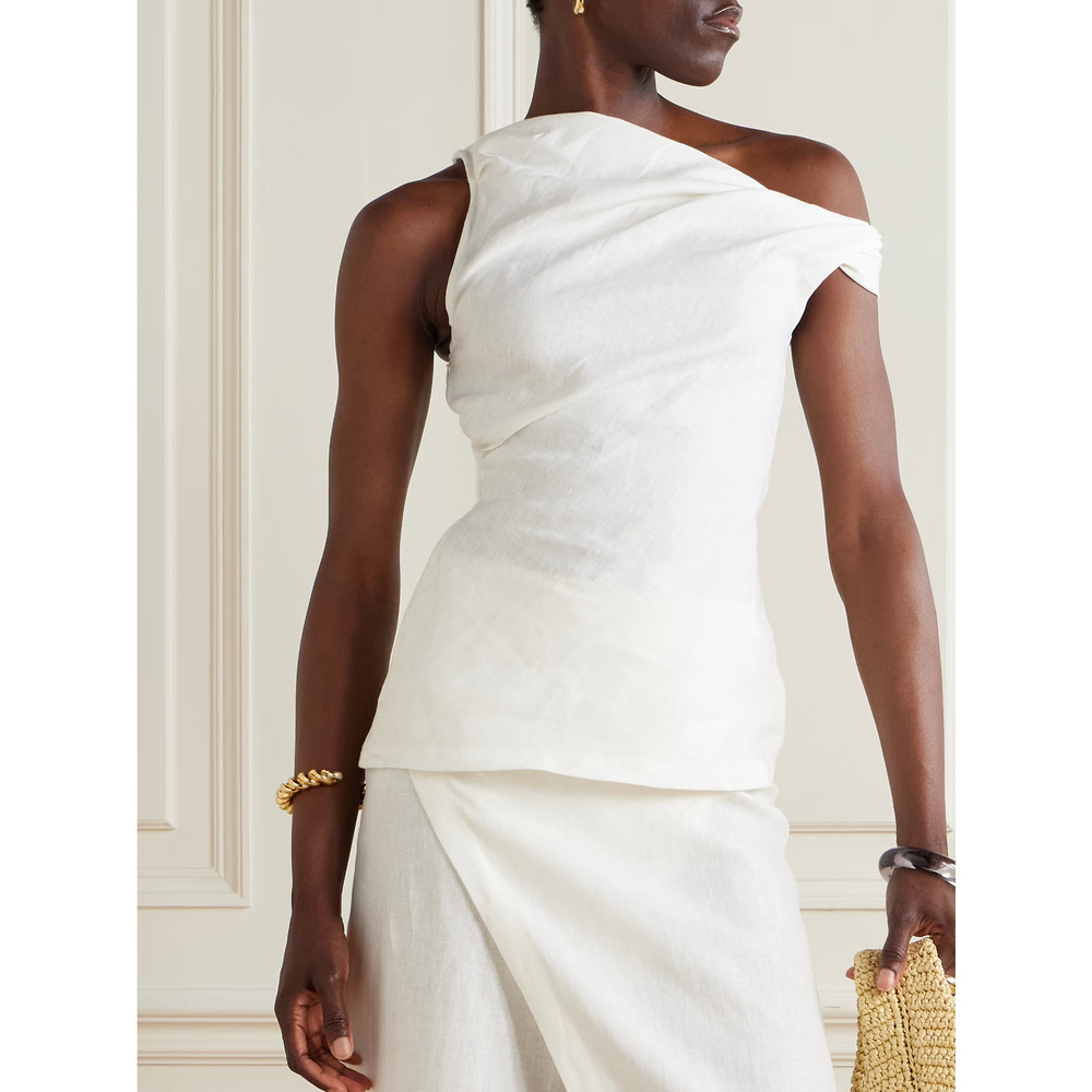 NWT FAITHFULL Suis Off-The-Shoulder Draped Linen Top Shirt White 2 XS $190 - Picture 2 of 4
